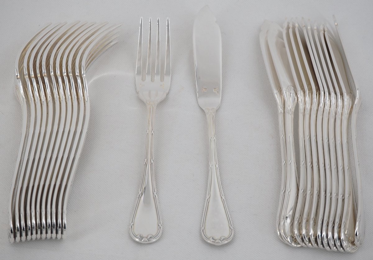 Christofle Rubans Pattern, 12 Fish Cutlery Sets, Silver-plated Metal, 24 Pieces, Perfect Condition.-photo-2