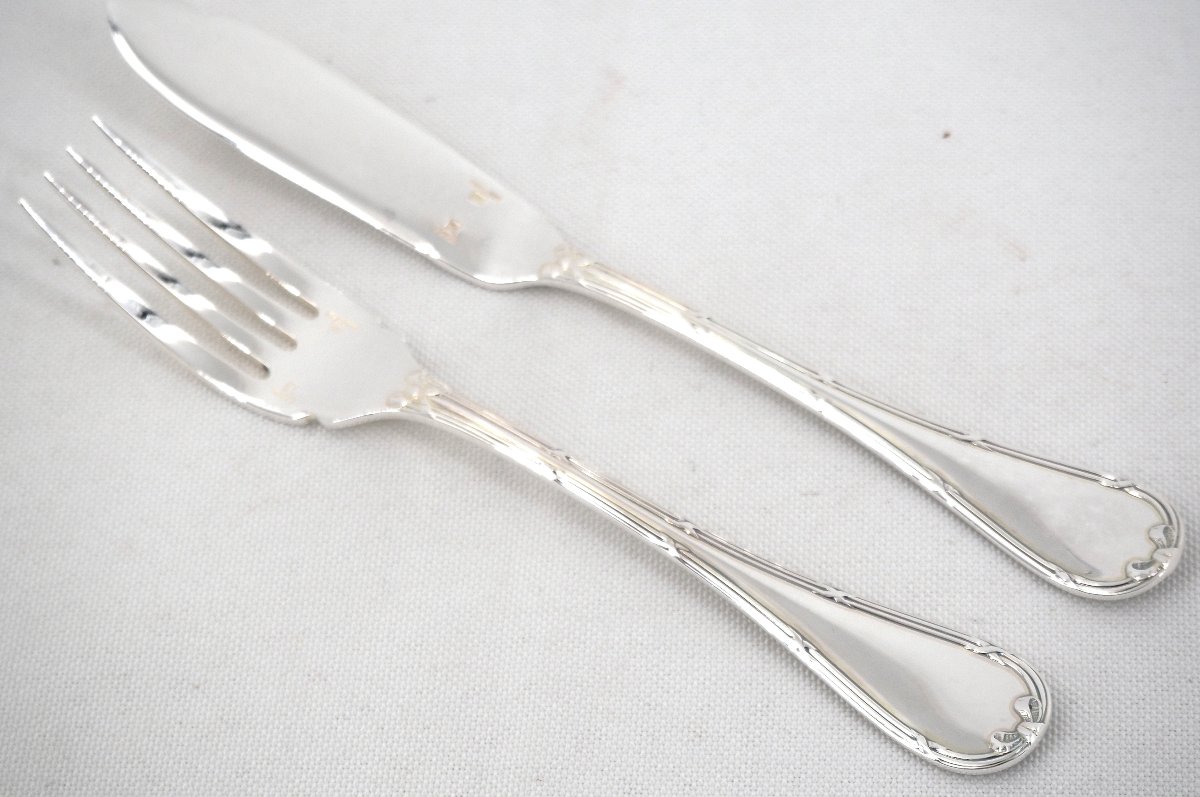 Christofle Rubans Pattern, 12 Fish Cutlery Sets, Silver-plated Metal, 24 Pieces, Perfect Condition.-photo-3