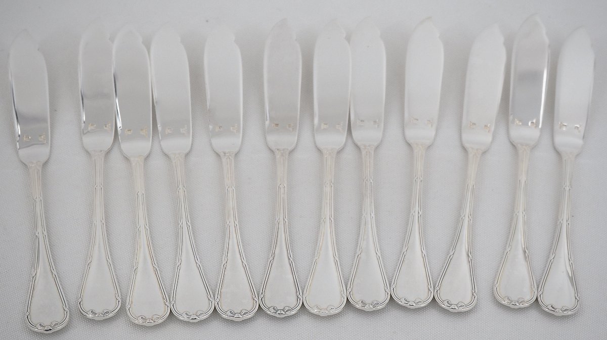 Christofle Rubans Pattern, 12 Fish Cutlery Sets, Silver-plated Metal, 24 Pieces, Perfect Condition.-photo-1