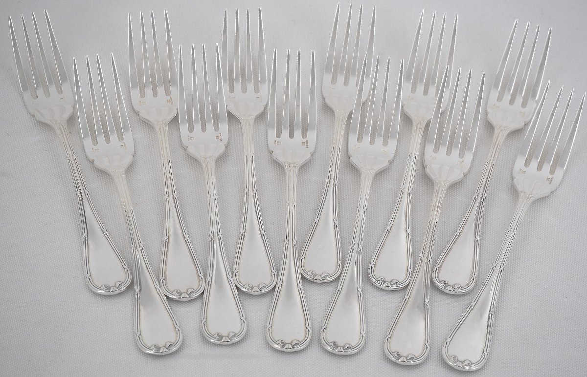 Christofle Rubans Pattern, 12 Fish Cutlery Sets, Silver-plated Metal, 24 Pieces, Perfect Condition.-photo-2