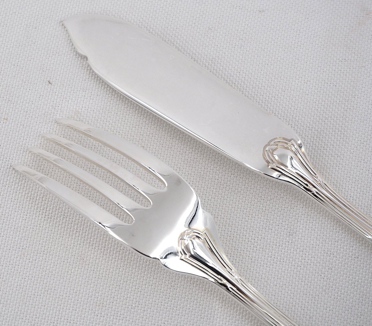 Christofle Rubans Pattern, 12 Fish Cutlery Sets, Silver-plated Metal, 24 Pieces, Perfect Condition.-photo-3