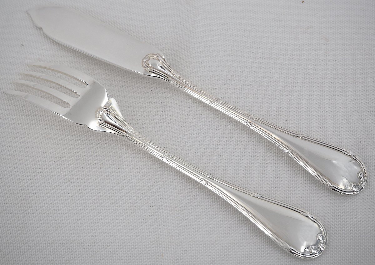 Christofle Rubans Pattern, 12 Fish Cutlery Sets, Silver-plated Metal, 24 Pieces, Perfect Condition.-photo-4