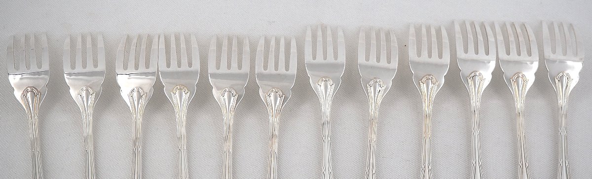 Christofle Rubans Pattern, 12 Fish Cutlery Sets, Silver-plated Metal, 24 Pieces, Perfect Condition.-photo-5