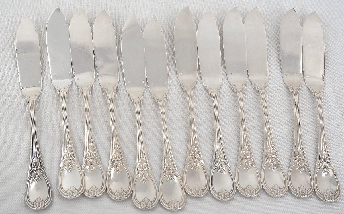 Christofle Trianon Pattern, 12 Fish Cutlery Sets, 24 Pieces, Silver Plated Metal, Excellent Condition.-photo-1
