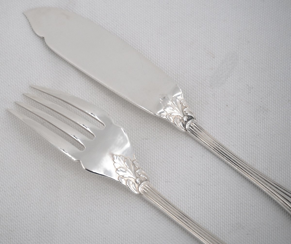 Christofle Trianon Pattern, 12 Fish Cutlery Sets, 24 Pieces, Silver Plated Metal, Excellent Condition.-photo-2