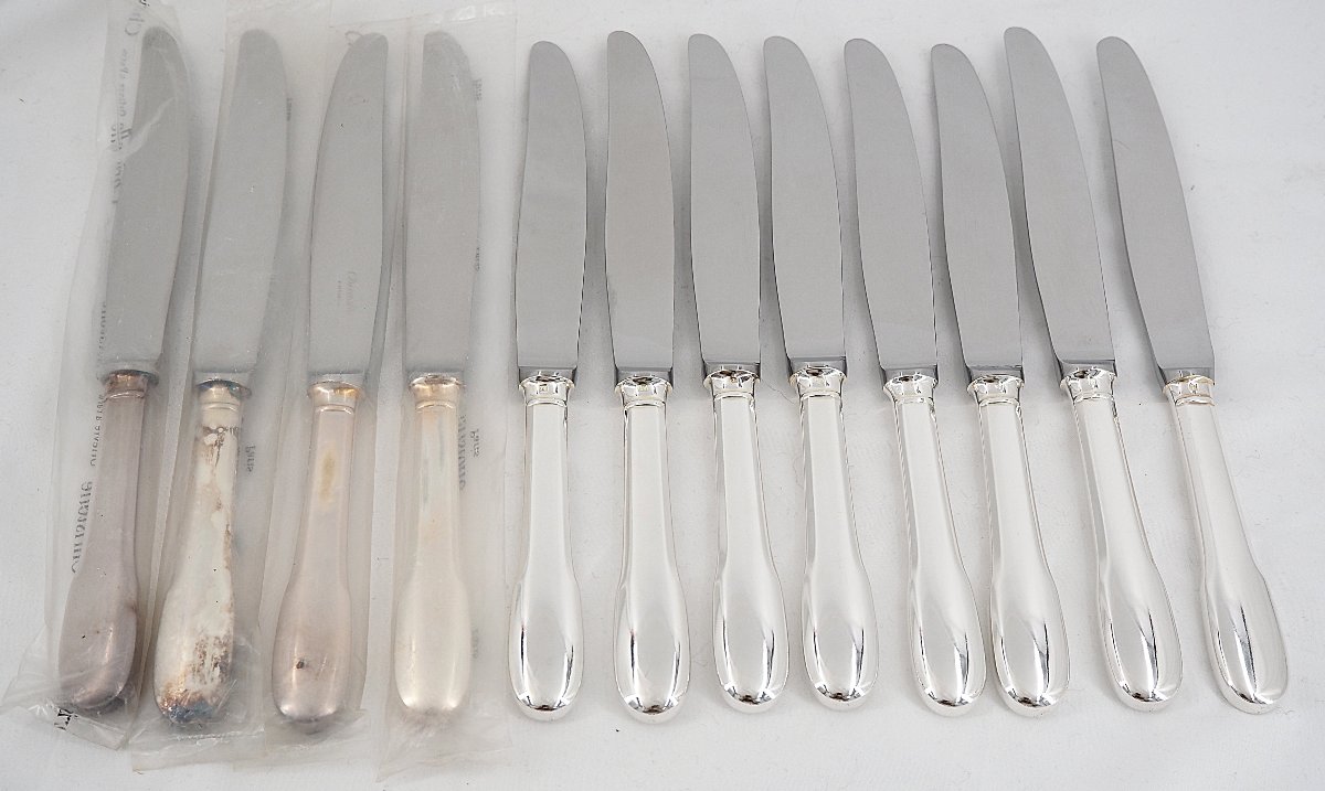 Christofle Cluny, Uniplat, 12 Table Knives In Perfect Condition, Including 4 In Sealed Blisters.-photo-4