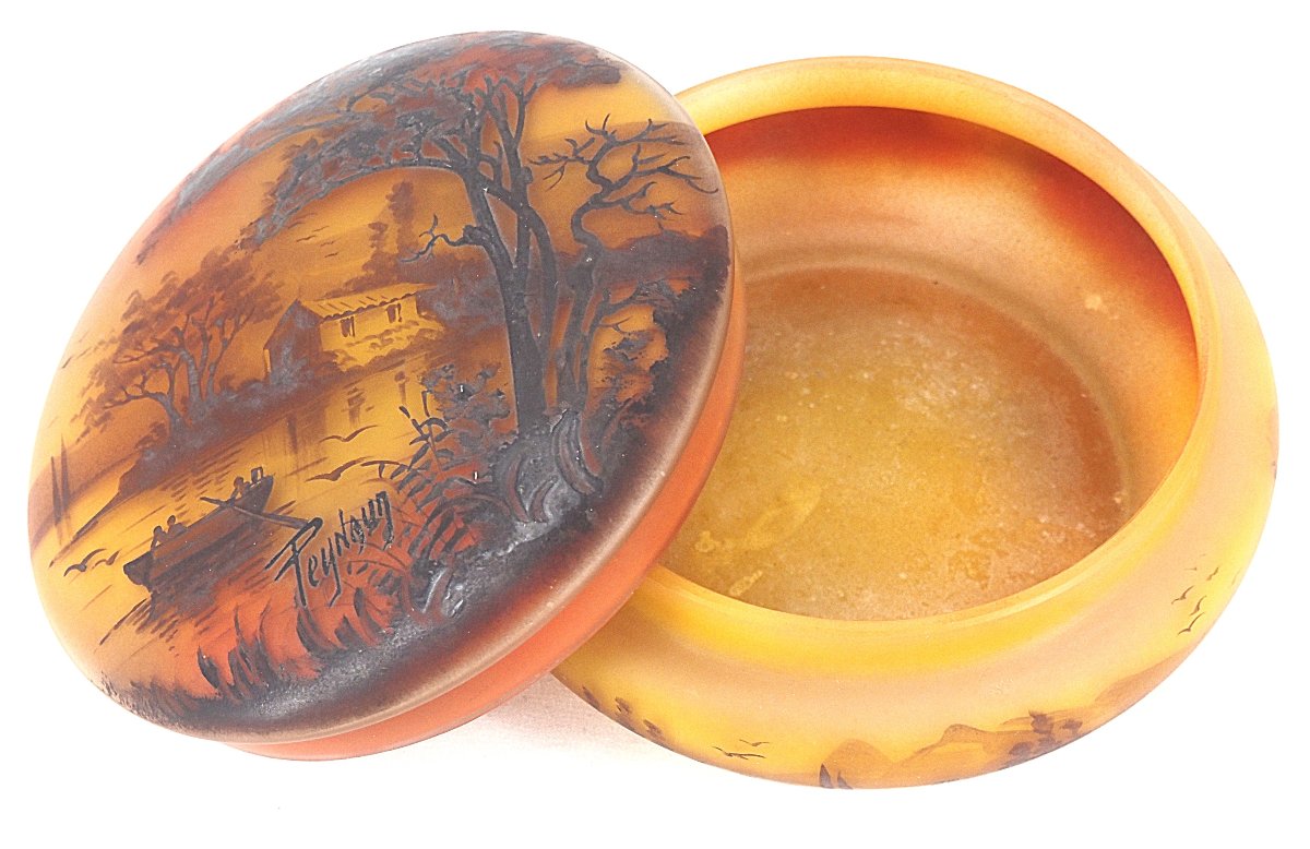 Jean-simon Peynaud, Candy Dish With Lakeside Decoration, Painted Glass, Signed.-photo-2