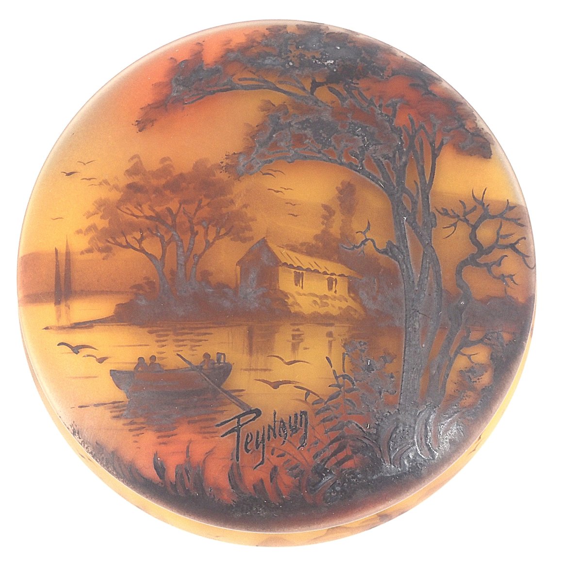 Jean-simon Peynaud, Candy Dish With Lakeside Decoration, Painted Glass, Signed.-photo-3