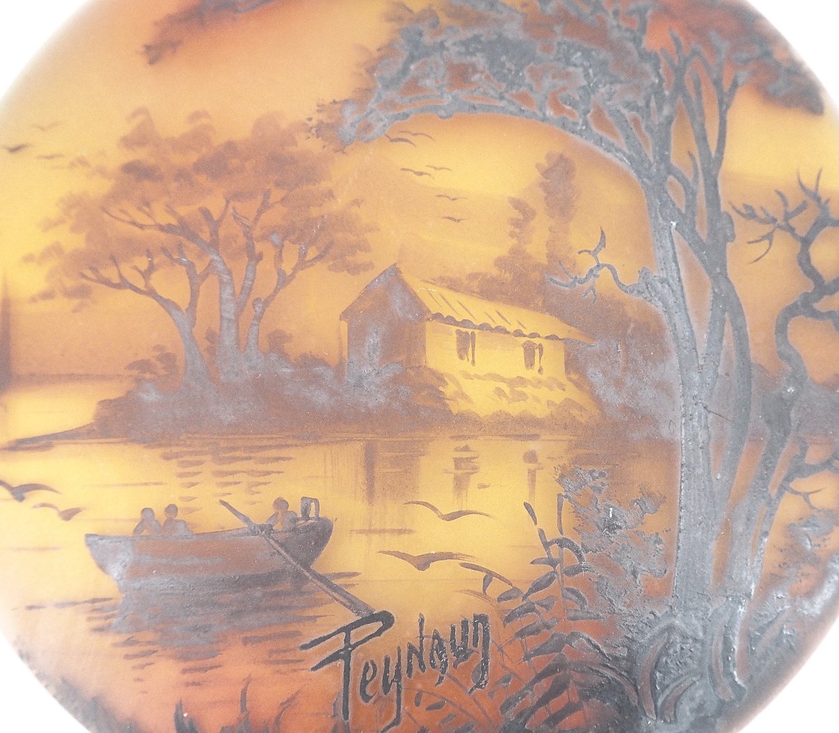 Jean-simon Peynaud, Candy Dish With Lakeside Decoration, Painted Glass, Signed.-photo-4