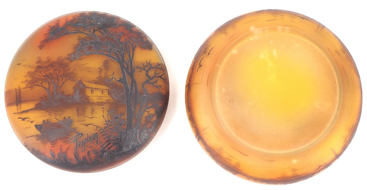 Jean-simon Peynaud, Candy Dish With Lakeside Decoration, Painted Glass, Signed.-photo-1
