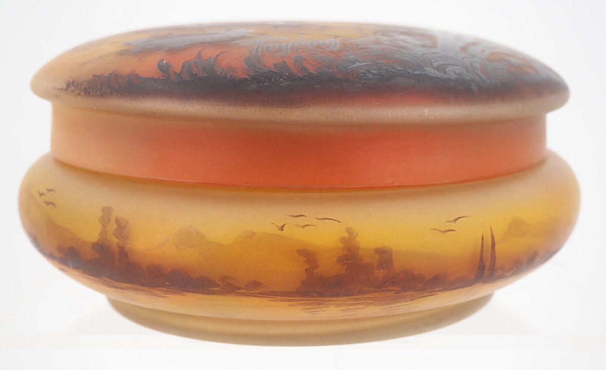 Jean-simon Peynaud, Candy Dish With Lakeside Decoration, Painted Glass, Signed.-photo-2