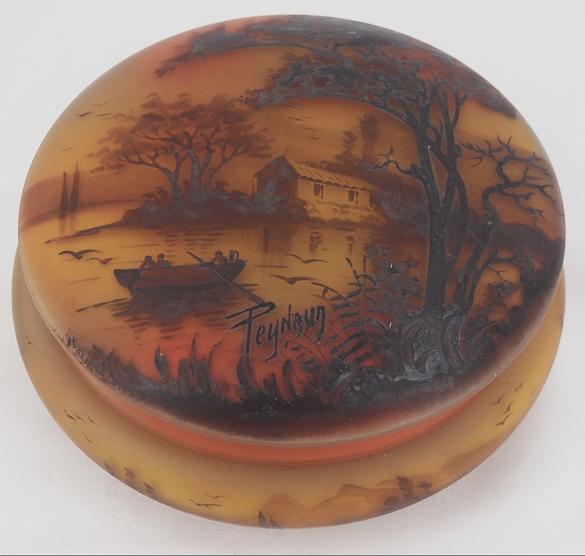 Jean-simon Peynaud, Candy Dish With Lakeside Decoration, Painted Glass, Signed.