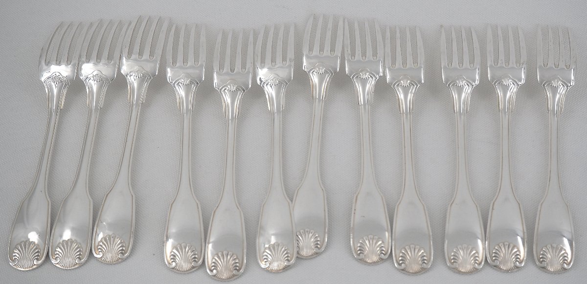 Christofle modèle Vendôme, 12 couverts à entremets, dessert, 24 pièces, métal argenté, 17cm.-photo-3