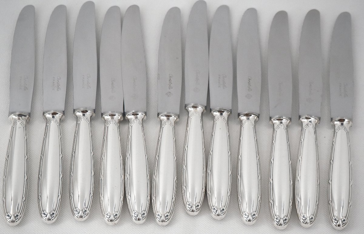 Christofle Rubans Model, 12 Silver-plated Metal Dessert Knives, For Entremets, Dessert, Cheese.-photo-2