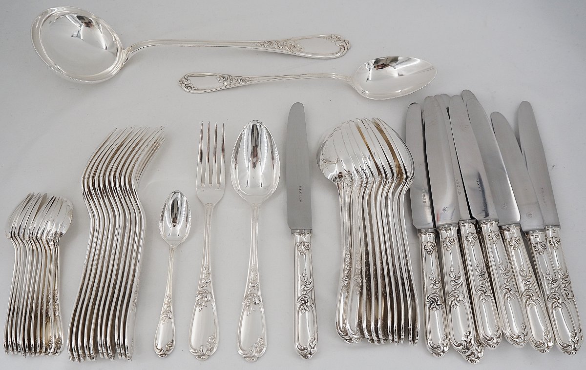 Ercuis Louis XV Pattern, 50 Piece Cutlery Set, Knives, Silver Plate, Excellent Condition.-photo-2