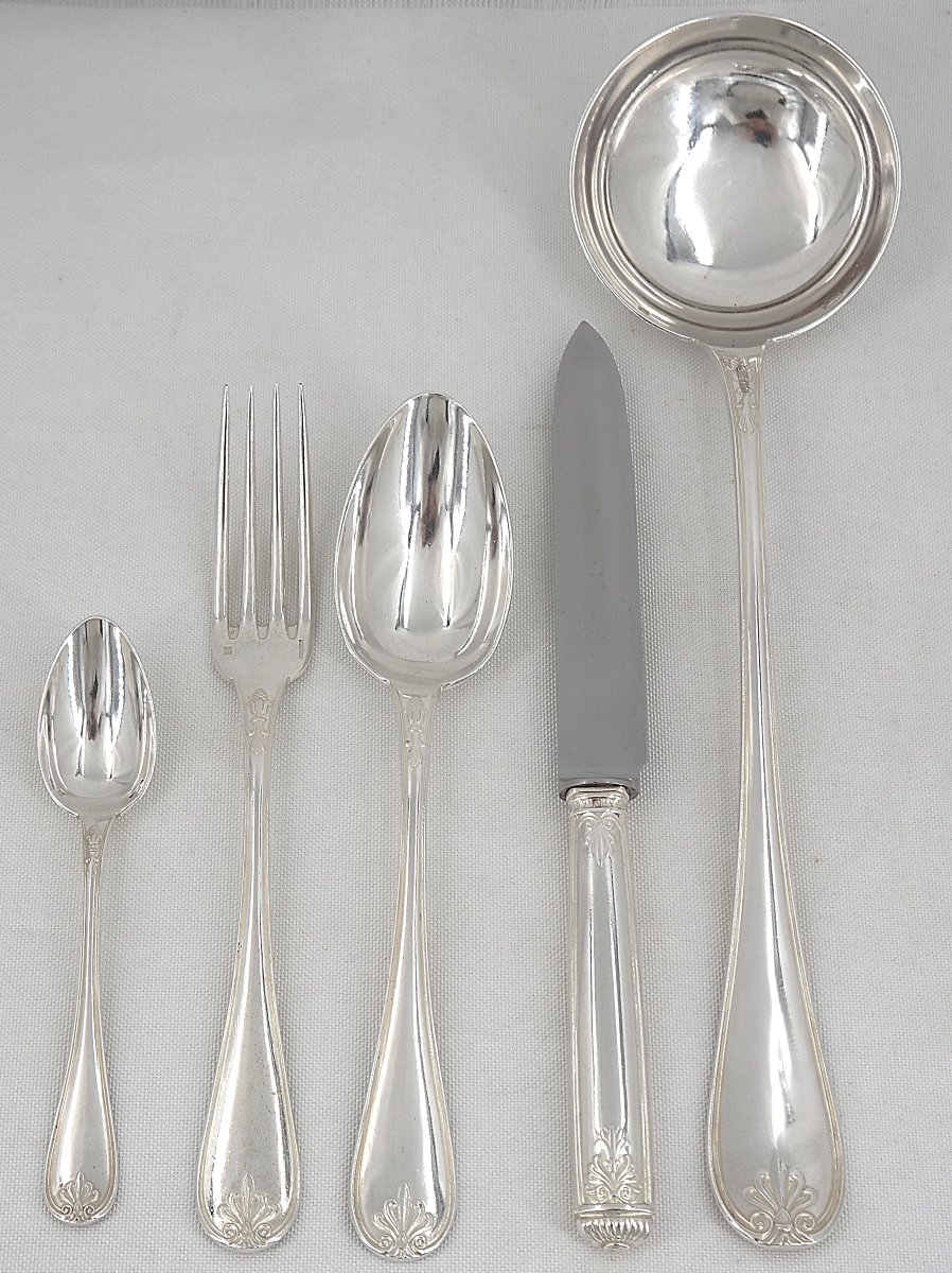 Christofle Malmaison Antique Model, Cutlery Set For 6 People, 25 Pieces, Knives.-photo-2