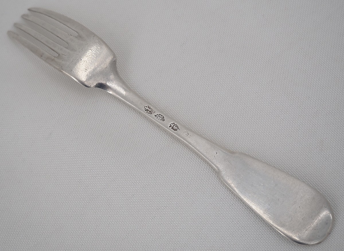 Fourchette argent massif XVIIIe, Uniplat, Toulouse 1757, Jean-Antoine Gailhard.