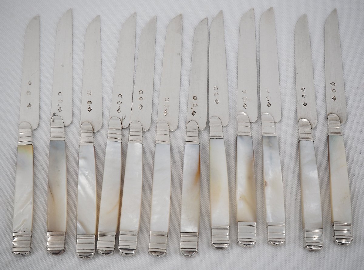 12 couteaux à fruits, dessert, entremets, nacre et lames argent massif Vieillard.-photo-2
