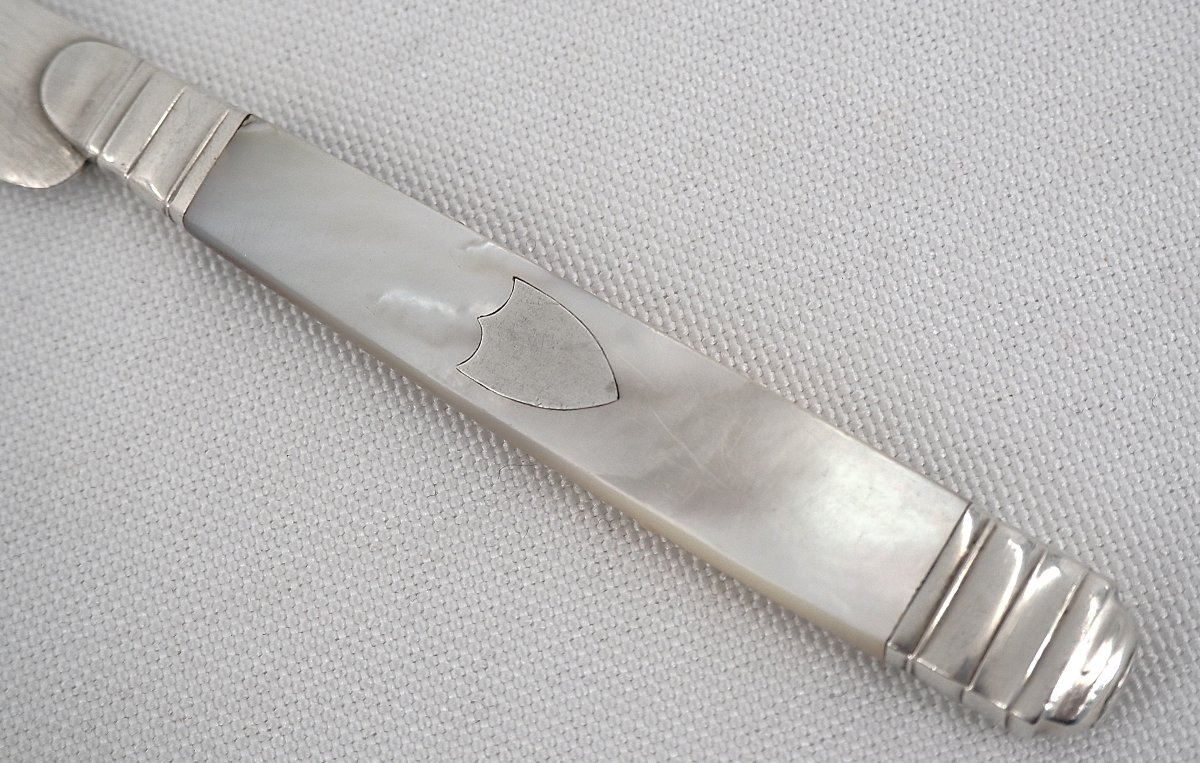 12 couteaux à fruits, dessert, entremets, nacre et lames argent massif Vieillard.-photo-4