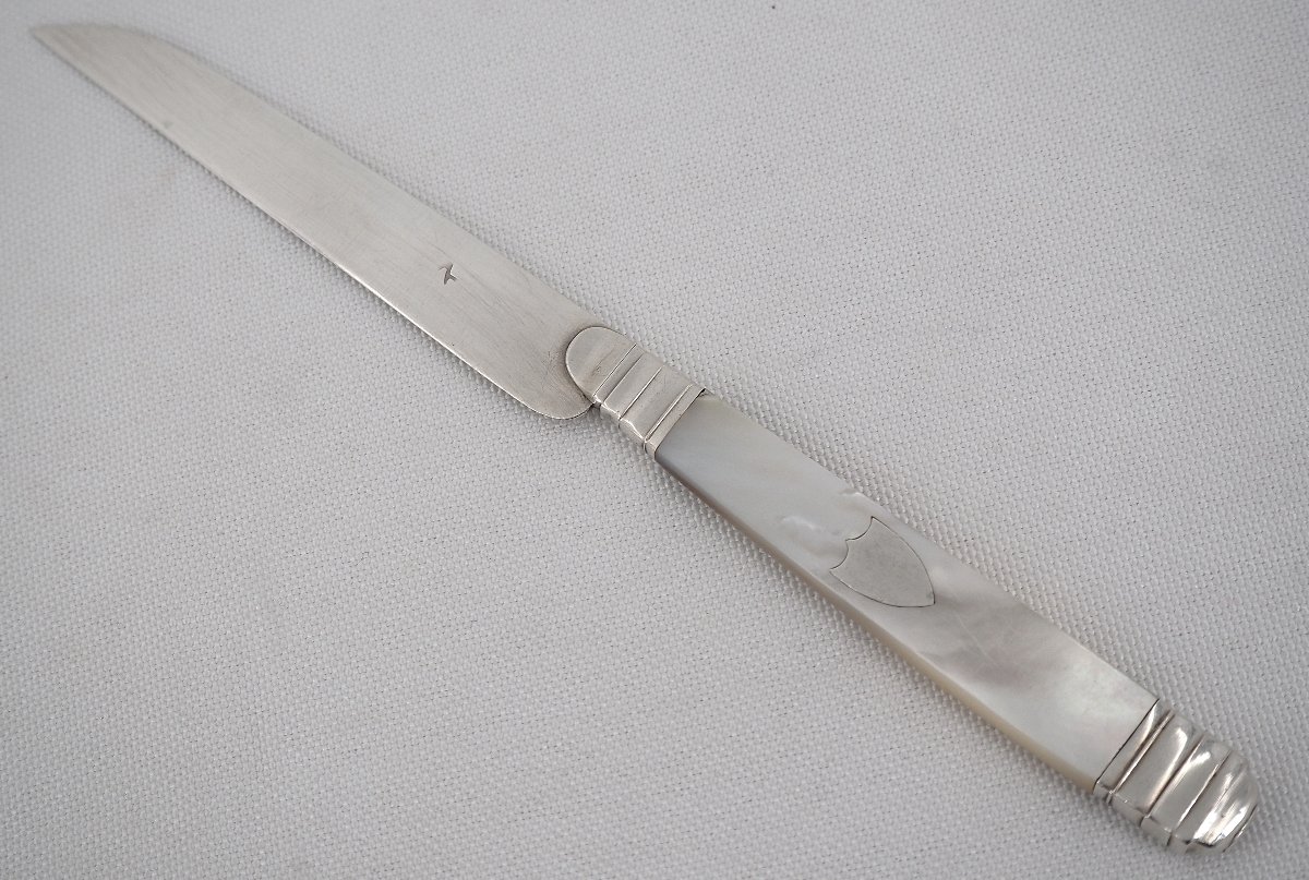 12 couteaux à fruits, dessert, entremets, nacre et lames argent massif Vieillard.-photo-1