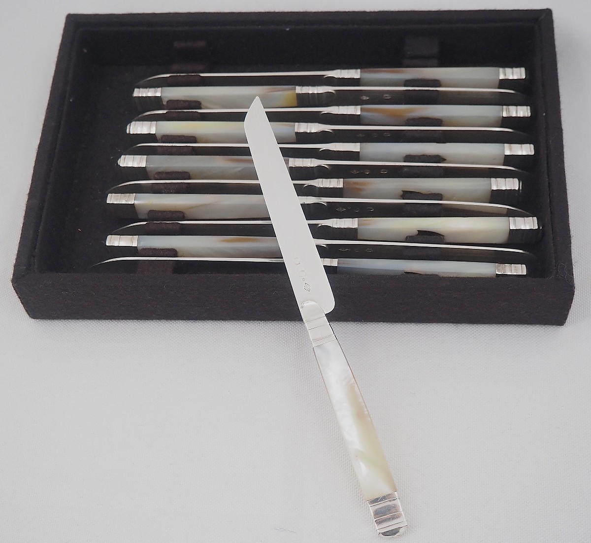 12 couteaux à fruits, dessert, entremets, nacre et lames argent massif Vieillard.