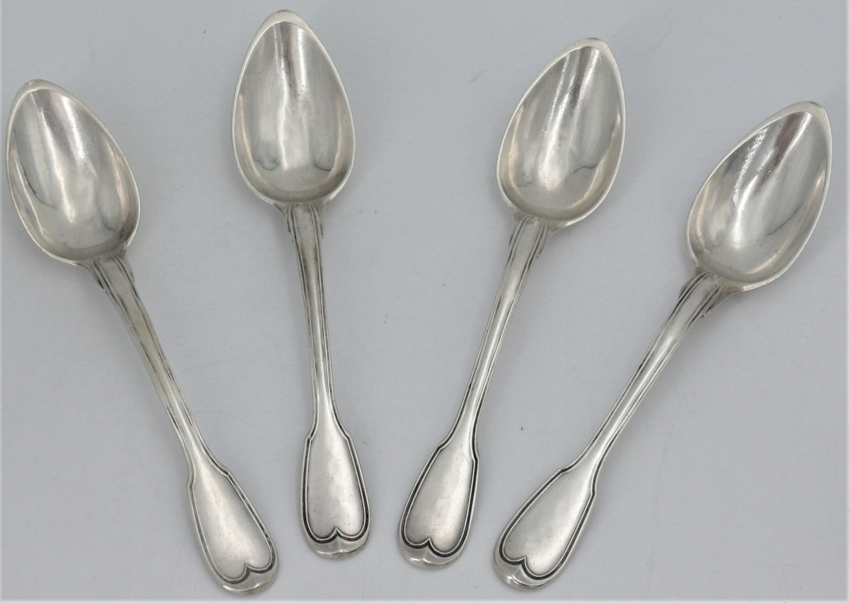 4 cuillères à café, thé, dessert en argent massif, 1er coq, modèle au Filet, 1798-1809.