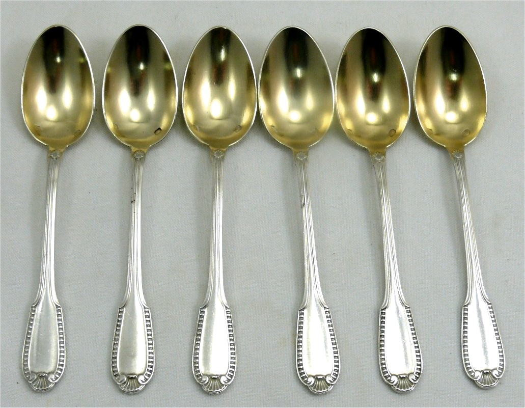 Boulenger, Minerva Solid Silver, Godrons Coquille Model, 6 Mocha Spoons.