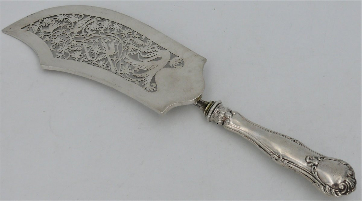 Very Beautiful Fish Serving Shovel, Solid Silver Austria, 19th Century, Openwork.-photo-4