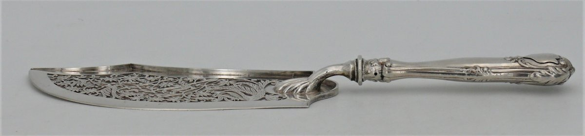 Very Beautiful Fish Serving Shovel, Solid Silver Austria, 19th Century, Openwork.-photo-1