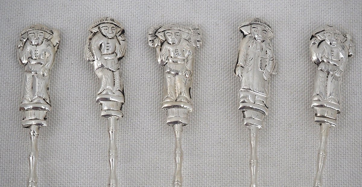 5 cuillères à thé, café, moka en argent massif, Chine, Indochine, Vietnam.-photo-2