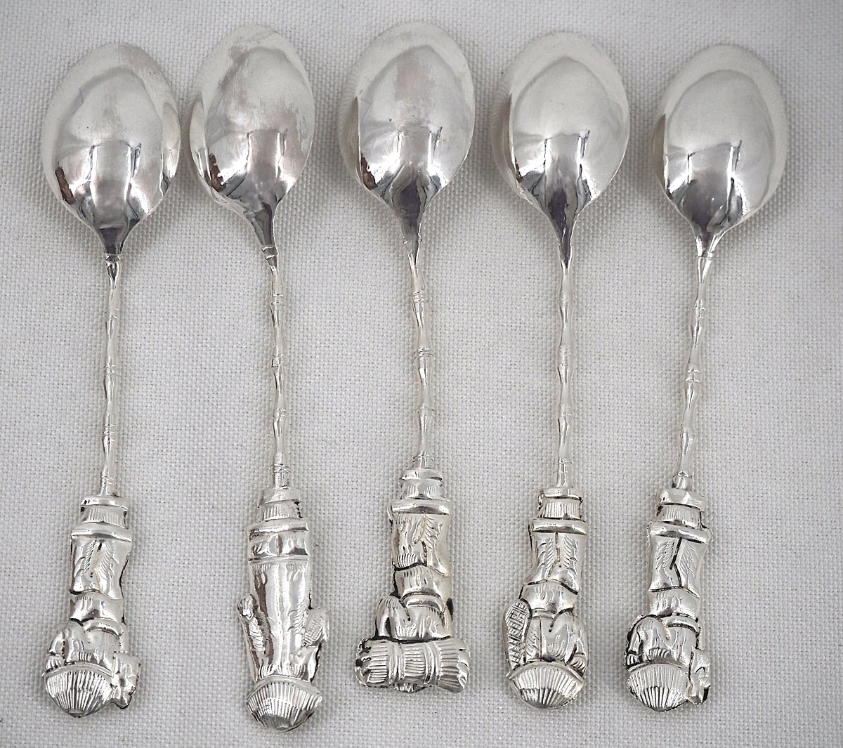 5 cuillères à thé, café, moka en argent massif, Chine, Indochine, Vietnam.-photo-3