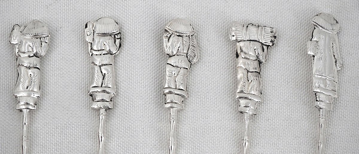 5 cuillères à thé, café, moka en argent massif, Chine, Indochine, Vietnam.-photo-4