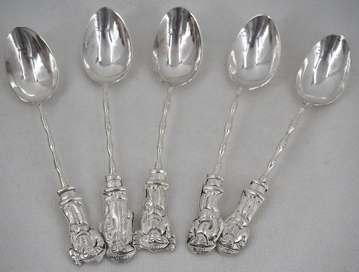 5 cuillères à thé, café, moka en argent massif, Chine, Indochine, Vietnam.-photo-1