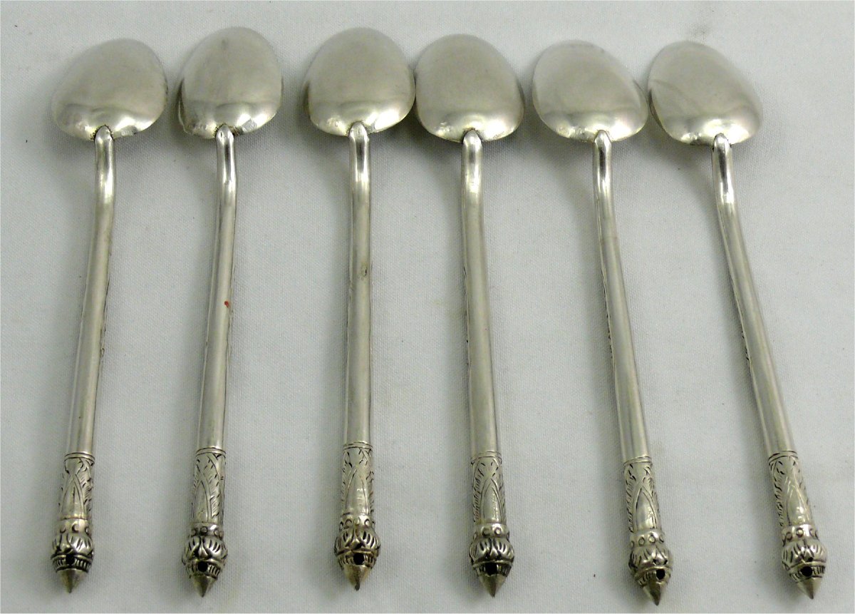 6 cuillères à thé, café, dessert, argent massif, Chine, Indochine, Siam, poinçonnées.-photo-1