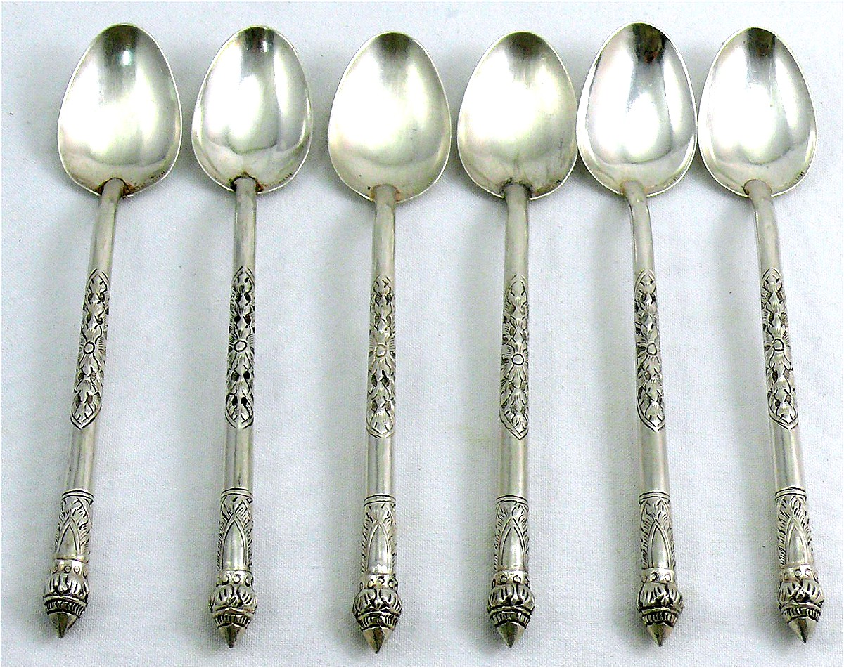 6 cuillères à thé, café, dessert, argent massif, Chine, Indochine, Siam, poinçonnées.