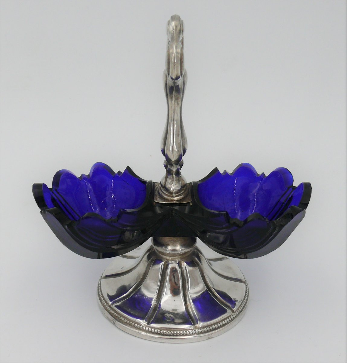 Salière, saleron double argent massif Minerve sur piédouche, verrines bleues.-photo-2