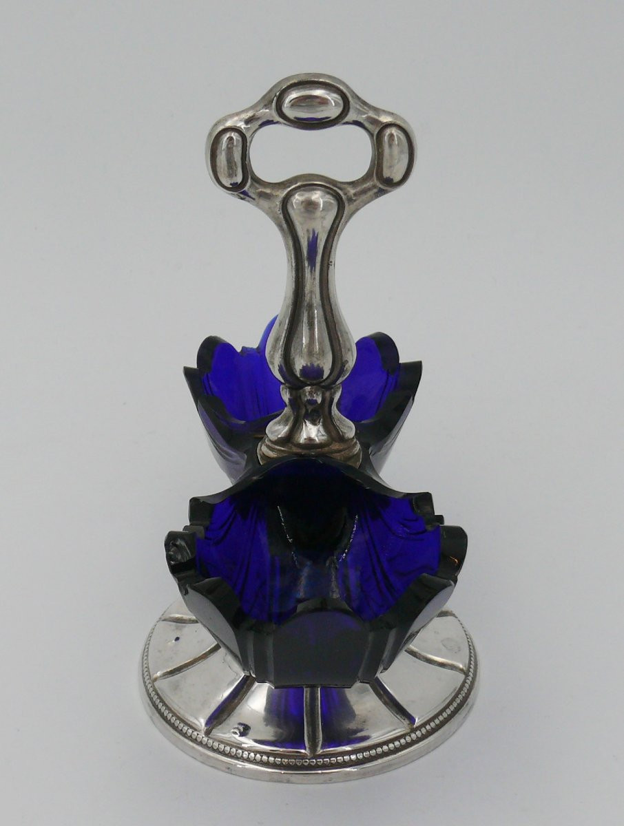 Salière, saleron double argent massif Minerve sur piédouche, verrines bleues.-photo-3