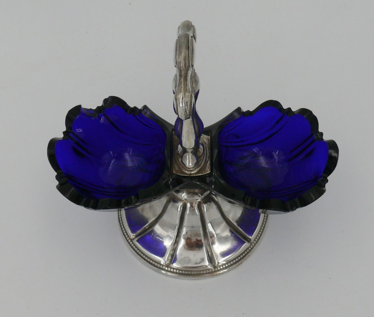 Salière, saleron double argent massif Minerve sur piédouche, verrines bleues.-photo-4