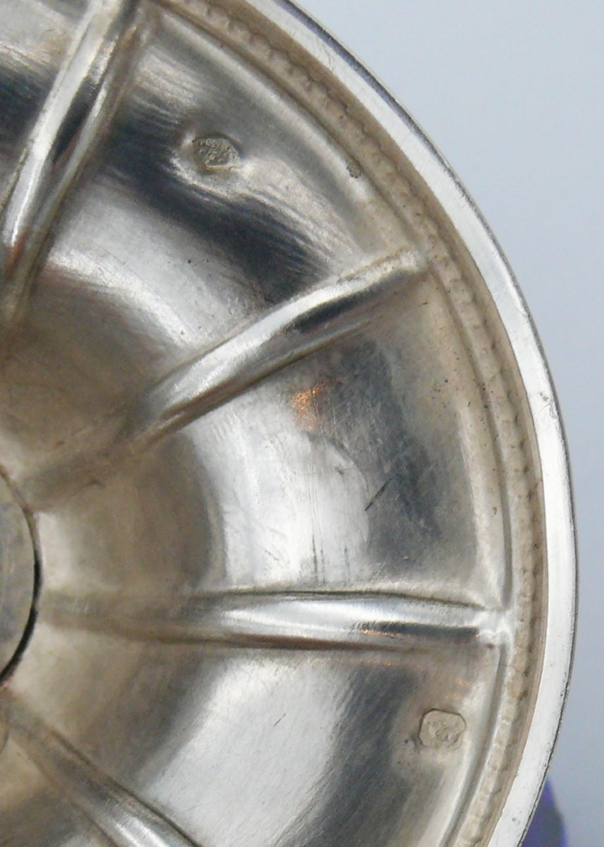 Salière, saleron double argent massif Minerve sur piédouche, verrines bleues.-photo-5