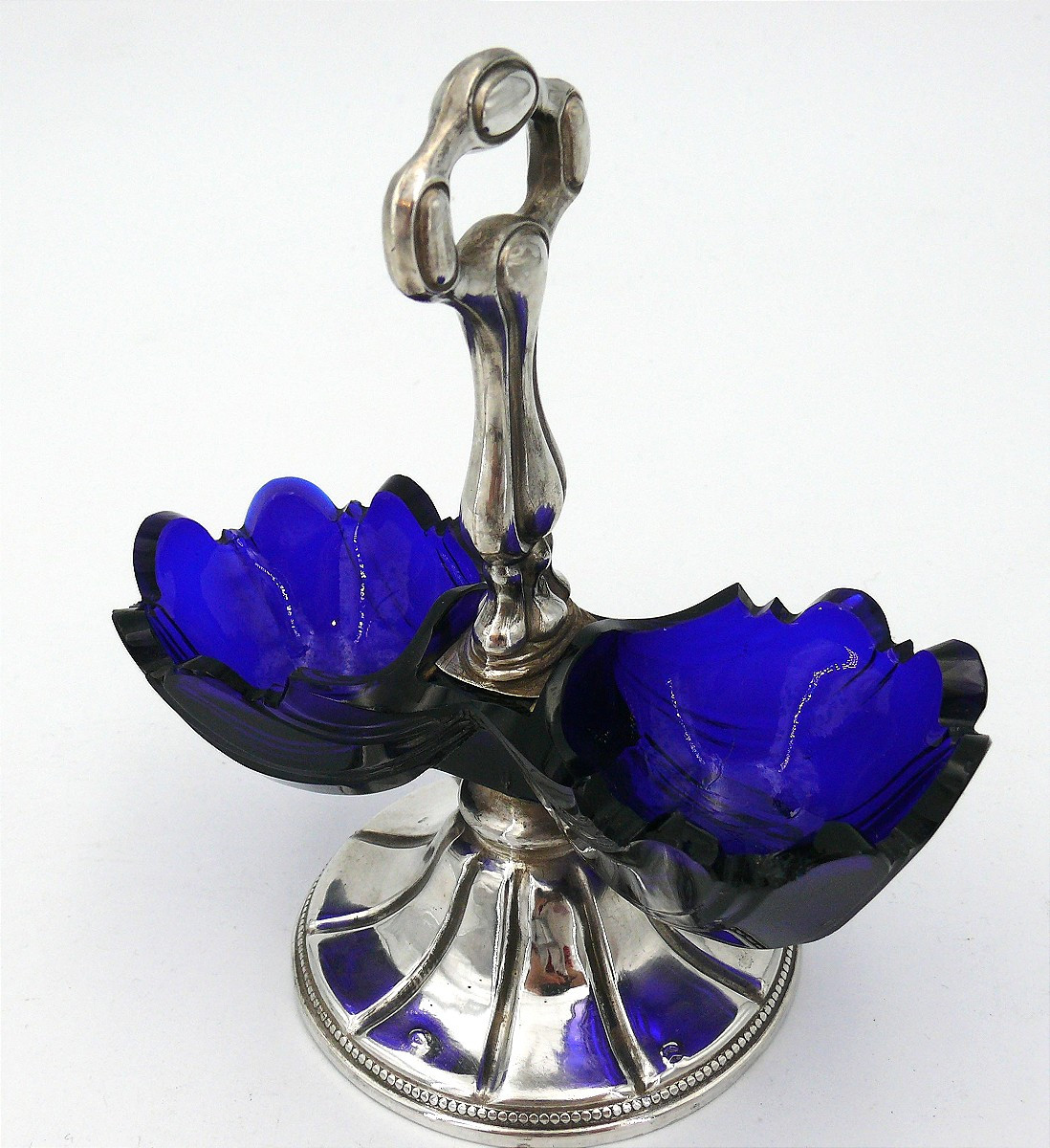 Salière, saleron double argent massif Minerve sur piédouche, verrines bleues.