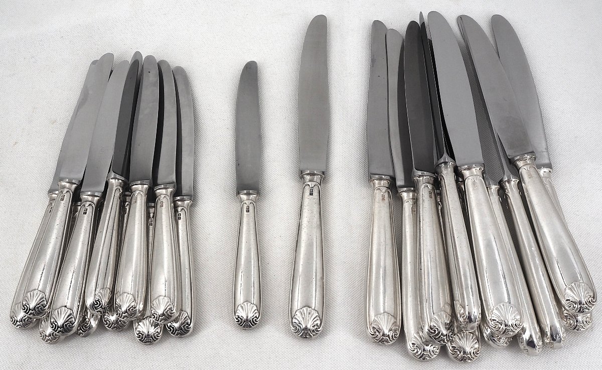 Alfénide, Christofle Louvois Model, Shell, 24 Knives: 12 Table Knives + 12 Dessert Knives.-photo-2