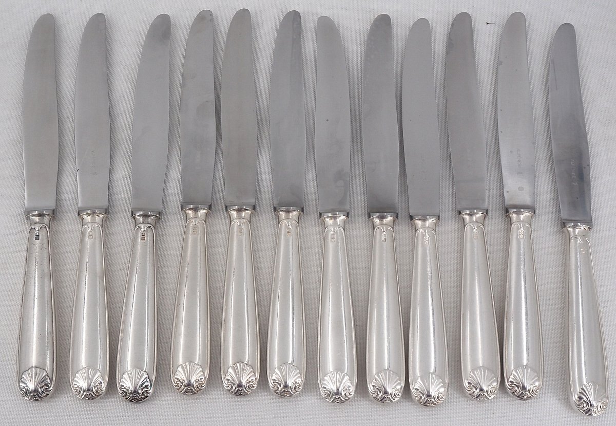 Alfénide, Christofle Louvois Model, Shell, 24 Knives: 12 Table Knives + 12 Dessert Knives.-photo-1