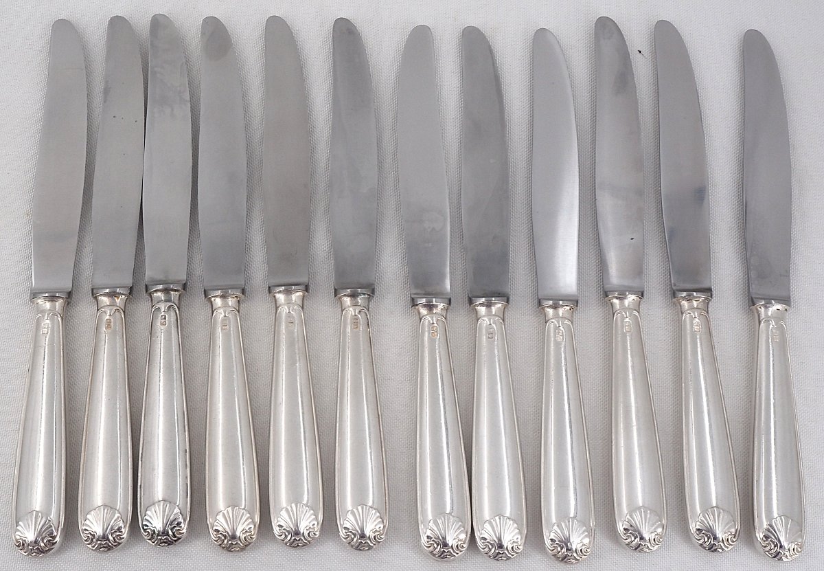 Alfénide, Christofle Louvois Model, Shell, 24 Knives: 12 Table Knives + 12 Dessert Knives.-photo-3