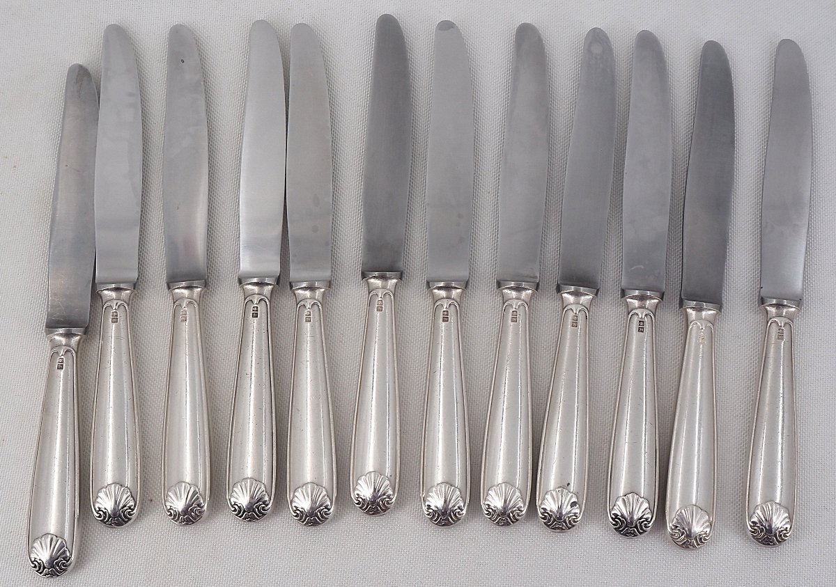 Alfénide, Christofle Louvois Model, Shell, 24 Knives: 12 Table Knives + 12 Dessert Knives.-photo-5
