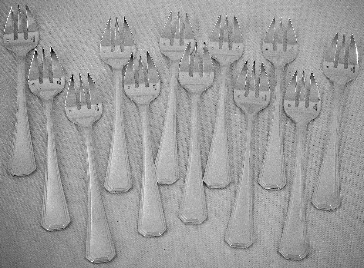 Christofle modèle América, 12 fourchettes à huitres, métal argenté, Art déco.-photo-2