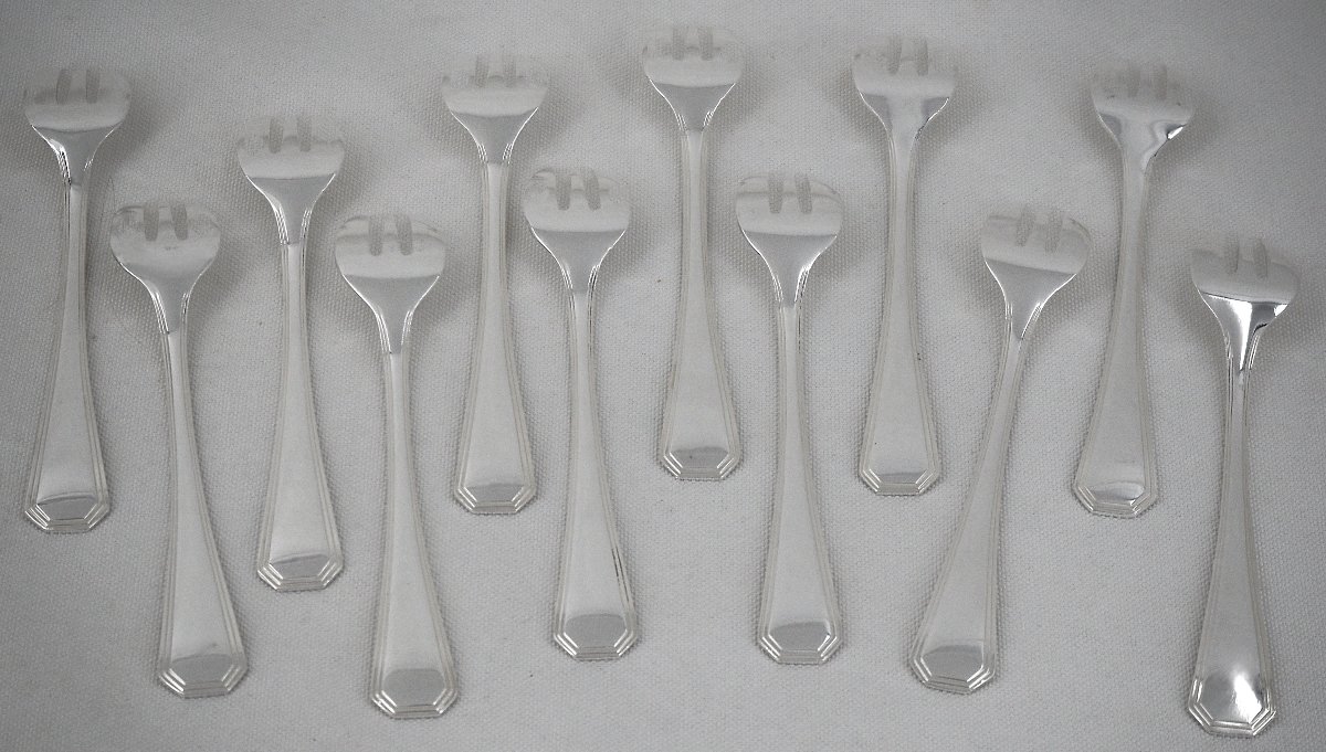 Christofle modèle América, 12 fourchettes à huitres, métal argenté, Art déco.-photo-3