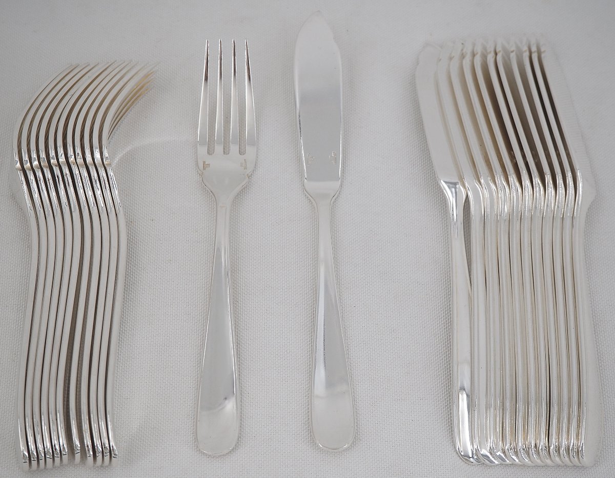Christofle Dax Pattern, 12 Fish Cutlery Pieces, 24 Pieces In Silver-plated Metal, Perfect Condition.-photo-2