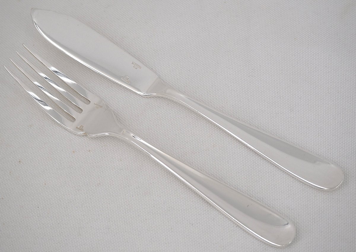 Christofle Dax Pattern, 12 Fish Cutlery Pieces, 24 Pieces In Silver-plated Metal, Perfect Condition.-photo-3