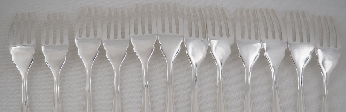 Christofle Dax Pattern, 12 Fish Cutlery Pieces, 24 Pieces In Silver-plated Metal, Perfect Condition.-photo-4