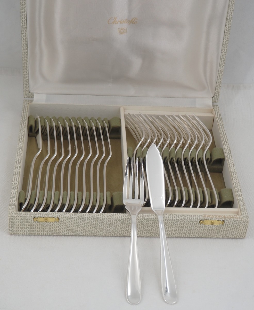 Christofle Dax Pattern, 12 Fish Cutlery Pieces, 24 Pieces In Silver-plated Metal, Perfect Condition.